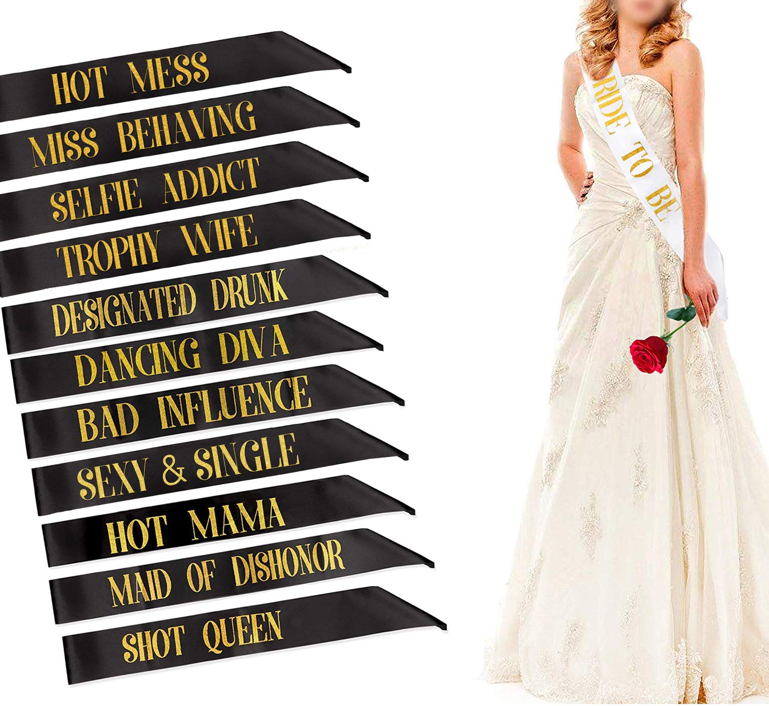 Phogary Bachelorette Sashes For Bridal Party (12 Pack) - 11 Black Team Bride Sashes With 1 White Bride To Be Sash
